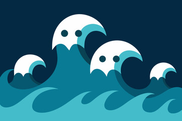 Haunted ocean waves forming ghost faces on transparent background