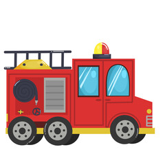Illustration of a red fire truck with a cute design, side view with siren and equipment 