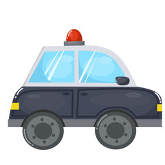 Illustration of a cute cartoon police car with a siren on top, clipart illustration for children's book elements 
