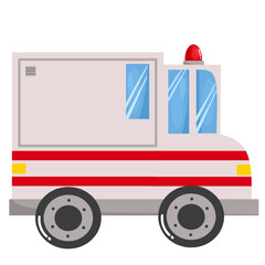 Illustration of a cartoon ambulance with a side view in a flat design style and a red siren on top 