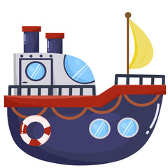 Illustration of a cartoon ship with a flag sail and cute decorations, clipart illustration for children's books. 
