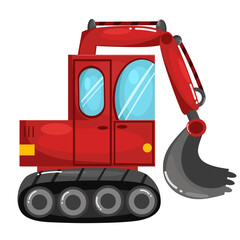 Illustration of a red cartoon excavator with toothed wheels and a cute design 