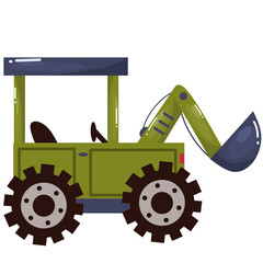 Illustration of a cute cartoon track loader toy car with a flat style, ideal for children's books. 