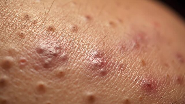 Extreme close up view of a person's skin with pimples and acne. Dermatological problem showing inflamed pores, spots, and red blemishes