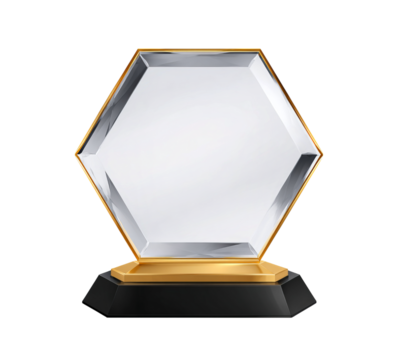 Hexagonal Glass Trophy with Gold Trim isolated on a transparent background - Powered by Adobe