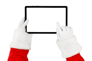 Christmas Santa Claus hand holding and pointing to white blank of tablet screen isolated on white background with clipping path. Design element.