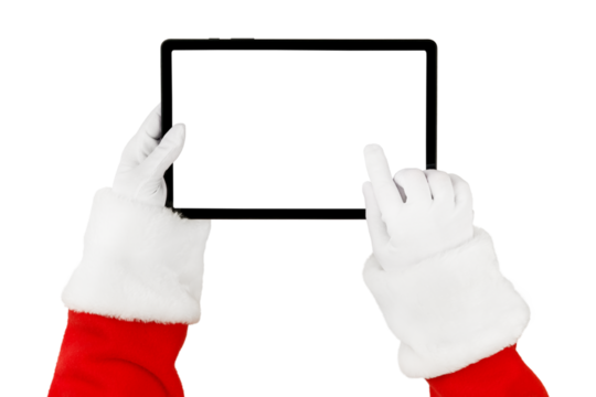 Christmas Santa Claus hand holding and pointing to white blank of tablet screen isolated on white background with clipping path. Design element. - Powered by Adobe