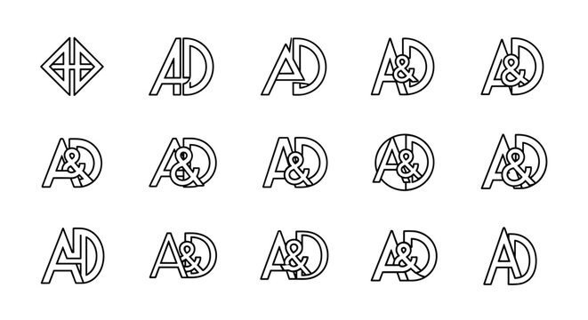 Collection of stylized 'AD' monogram logos and symbols, featuring variations of the letters 'A' and 'D' intertwined with an ampersand, presented in a clean, outline graphic style on a black
