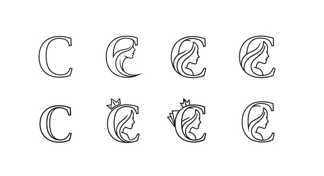 Set of elegant letter C logos featuring a silhouette of a woman's profile, some adorned with a delicate crown, showcasing a blend of classic typography and feminine artistry for branding and design