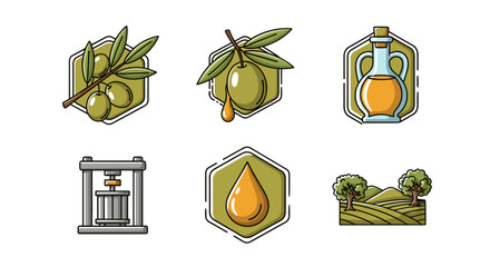 Set of stylized icons representing the olive oil production process, including olive branches, a single olive with a drop of oil, a carafe of oil, an olive press, a drop of oil, and an olive grove
