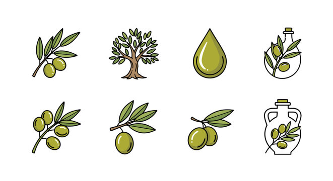 A collection of stylized vector icons representing olives and olive oil, featuring olive branches with green olives, a mature olive tree, a single drop of olive oil, and bottles of olive oil in