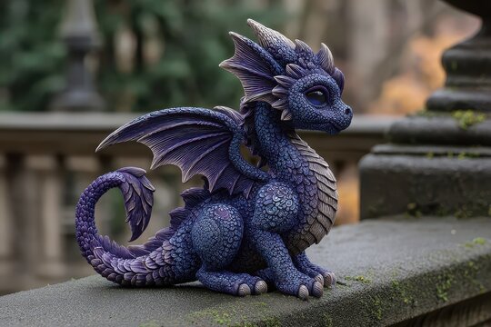 Cute blue dragon figurine sits peacefully on a stone ledge with greenery and blurred nature in the background - Powered by Adobe