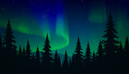 Minimalist Winter Forest Silhouette with Aurora Borealis
