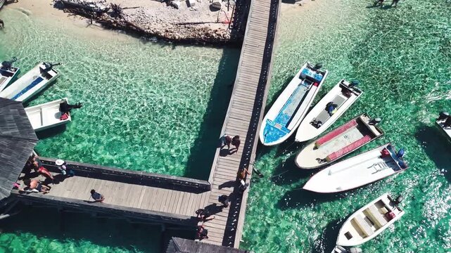 Aerial view of Pulau Kelor Island in Komodo National Park with boats moored near the pier