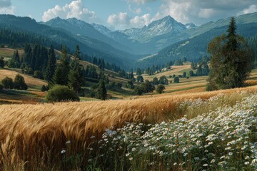 Scenic mountain landscape in summer with blooming daisies on grassy hillside and forested valley under a blue sky with clouds