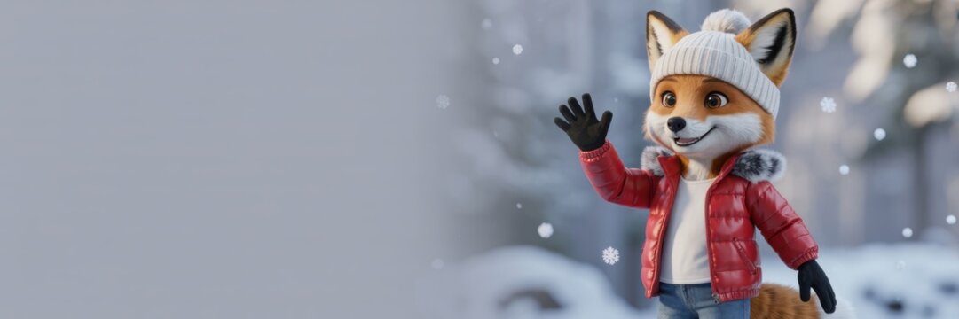 Cute cartoon fox character wearing a winter hat and red jacket waving hello in a snowy forest scene - Powered by Adobe