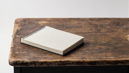 Fototapeta premium Spiral notebook on rustic wooden surface, minimalist composition.