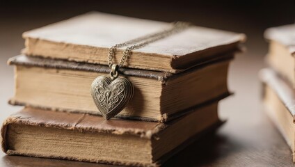 Stack of old books with heart-shaped pendant on top.