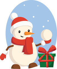 Cute snowman with red scarf and Santa hat holding snowball and green gift box with red bow. Winter Christmas illustration, festive cartoon character, vector art.