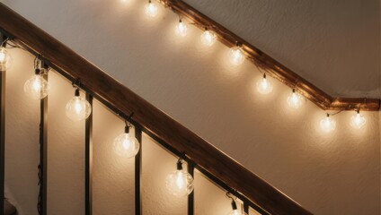 Staircase adorned with warm, inviting string lights.