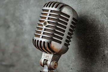 Vintage chrome microphone standing on a grey surface captures the essence of recording and broadcasting from a past era