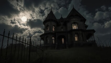 Fototapeta premium Spooky Haunted House Under Moonlight with Dark Clouds.
