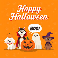 Spooky Pet Gathering: A festive Halloween scene with adorable pets dressed in costumes, capturing the spirit of the holiday season and the joy of pet-themed celebrations.