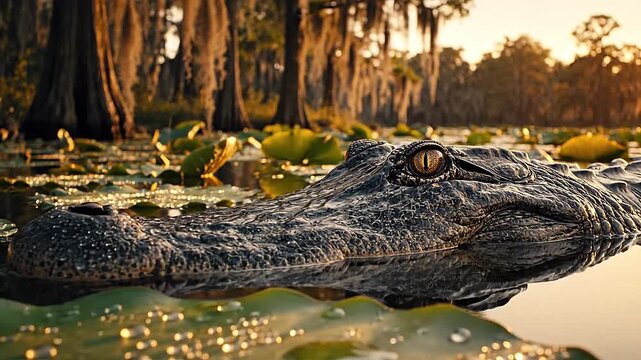 At the water's edge, a crocodile's eye, reptilian and unblinking, watches.