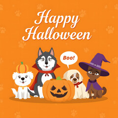 Halloween Dog Characters: An illustration of a group of dogs dressed up in Halloween costumes, surrounded by pumpkins and paw prints on an orange backdrop.