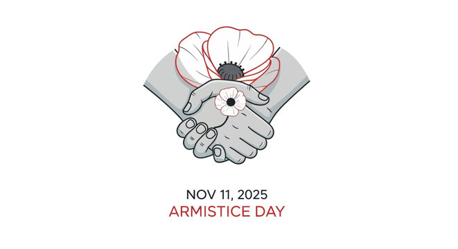 Remembering heroes on Armistice Day November 11 2025, a poignant tribute with handshake and poppy flower, honoring peace and sacrifice for remembrance day events