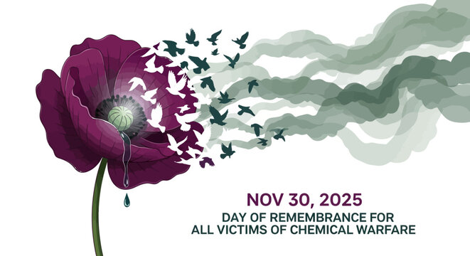 Remembering victims of chemical warfare with a poppy transforming into doves, a symbol of peace and hope for a future free from the horrors of war on November 30, 2025