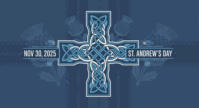 Celebrate St. Andrew's Day on November 30th, 2025 with this elegant Celtic cross design, perfect for invitations, banners, or social media posts honoring Scottish heritage