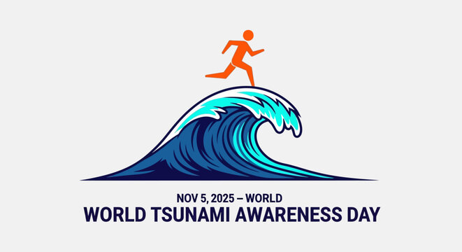 Promote World Tsunami Awareness Day with this dynamic graphic of a runner atop a powerful wave, symbolizing resilience and preparedness in the face of natural disasters