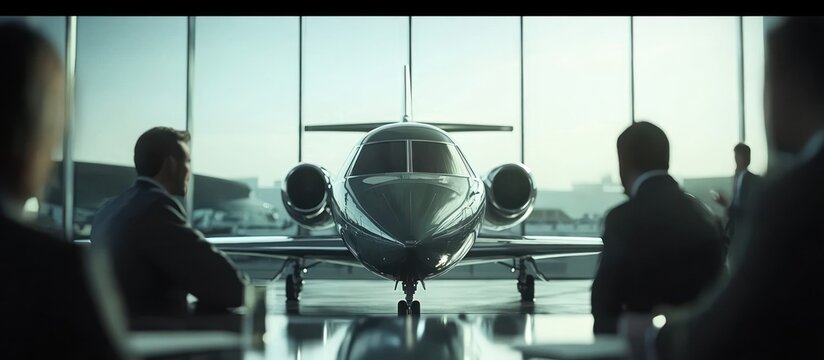 Private jet faces businesspeople in a sunlit conference room - Powered by Adobe