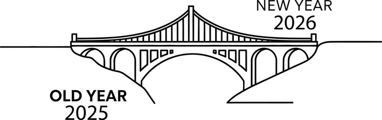 Bridge symbolizing transition from old year 2025 to new year 2026 with architectural design