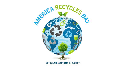 Celebrate America Recycles Day with earth globe featuring recycling symbols and a growing tree, promoting sustainable practices for a cleaner, greener, and thriving planet