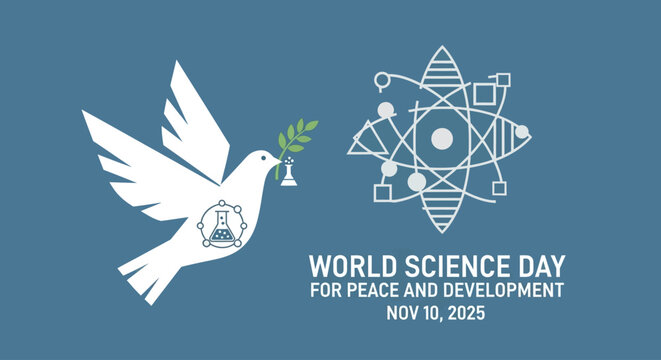 Celebrate World Science Day 2025 with this symbolic peace dove carrying a science flask, promoting peace and development through scientific innovation and discovery for a brighter future