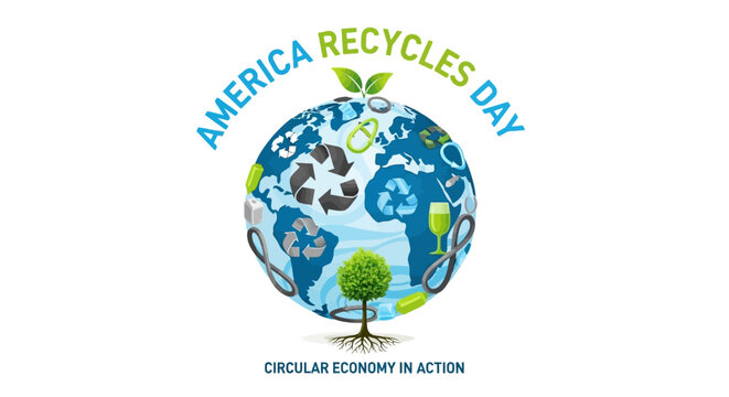 Celebrate America Recycles Day with earth globe featuring recycling symbols and a growing tree, promoting sustainable practices for a cleaner, greener, and thriving planet
