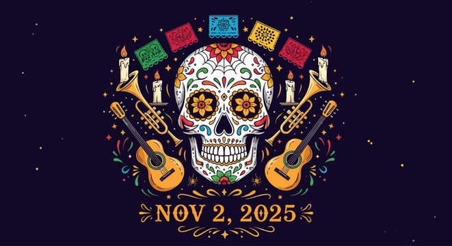 Celebrate Day of the Dead with vibrant sugar skull art featuring guitars, trumpets, candles, and colorful papel picado, perfect for cultural events and holiday designs