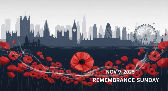 Remembering Heroes Remembrance Sunday November 9 2025 with Poppies in London, a solemn commemorative design honoring sacrifice with a symbolic cityscape backdrop for respectful tributes