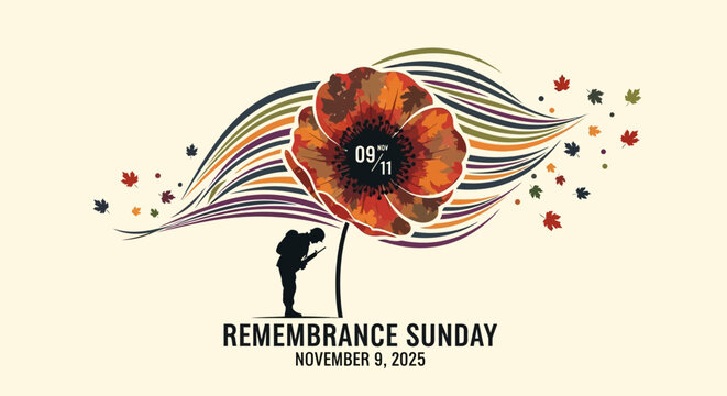 Solemn Remembrance Sunday memorial with soldier silhouette and poppy flower honoring veterans on November 9th, 2025, a day to remember sacrifices and show gratitude