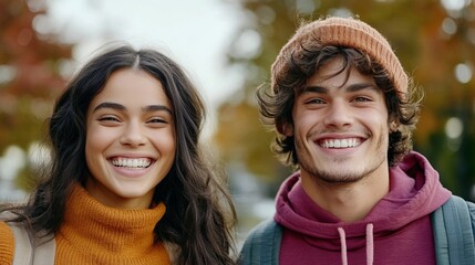Smiling young woman and man pose closely together outdoors, showcasing their cheerful expressions and stylish fall outfits.