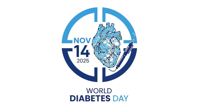 World Diabetes Day November 14 2025 awareness graphic featuring a stylized heart and syringe promoting health education and global outreach - Powered by Adobe