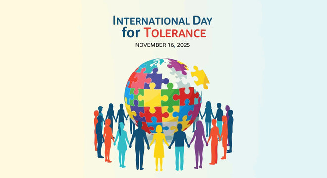 Diverse people unite holding hands around a colorful puzzle globe celebrating International Day for Tolerance and acceptance, fostering global harmony and understanding. - Powered by Adobe