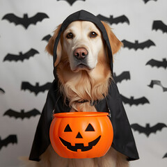 Halloween Hound's Costume: A golden retriever dons a Halloween costume with a pumpkin bucket against a backdrop of silhouettes, embodying the spirit of celebration and the spooky season.