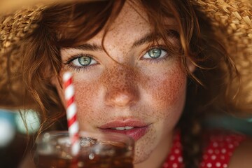 Close-up of beautiful woman with red hair and freckles drinking beverage through straw during summer afternoon