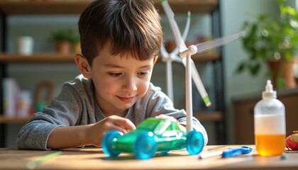 Young boy builds eco car and wind turbine model. Child learns science making renewable energy project. Kid crafts green tech invention at table. Future education.