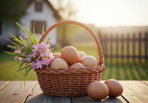 A rustic wicker basket filled with fresh brown eggs and a bouquet of wildflowers, set outdoors