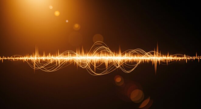 Glowing orange soundwave on dark background. Abstract digital audio frequency or music waveform visualization. Technology and energy concept with lens flare
