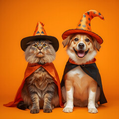 Spirited Halloween Duo: A cat and a dog are adorned in festive Halloween attire, sitting side-by-side against a vibrant orange backdrop, ready to celebrate the spookiest time of the year.